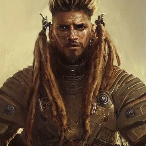 Image similar to Portrait of a man by Greg Rutkowski, a young, strong and hard-eyed futuristic warrior with brown hair with dreadlocks, wearing a futuristic tactical gear that looks like a mix between the samurai, viking and templar aesthetics, mix between tribal and hi-tech, highly detailed portrait, scifi, space opera, digital painting, artstation, concept art, smooth, sharp foccus ilustration, Artstation HQ