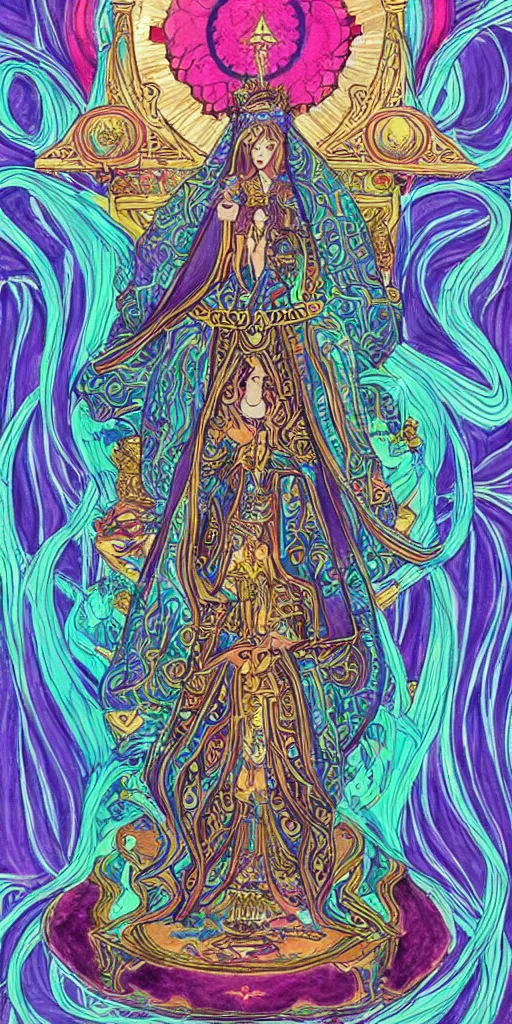 Image similar to a mystical woman priestess sitting on a throne, the divine feminine, drawn by studio UFOTABLE, psychedelic, fine line work, pastel colors, Tarot cards. The empress tarot card