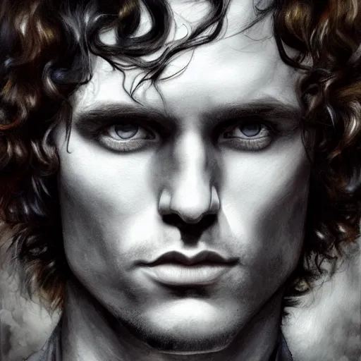 Image similar to jim morrison character portrait, lean face, cinematic lighting, glowing grey eyes, hyper-detailed, 4k, high resolution, in the style of Charlie Bowater, Tom Bagshaw, single face, symmetrical, headshot photograph, insanely detailed and intricate, beautiful, elegant, watercolor, cinematic, portrait, Raphaelite, headroom, Pierre-Auguste Renoir