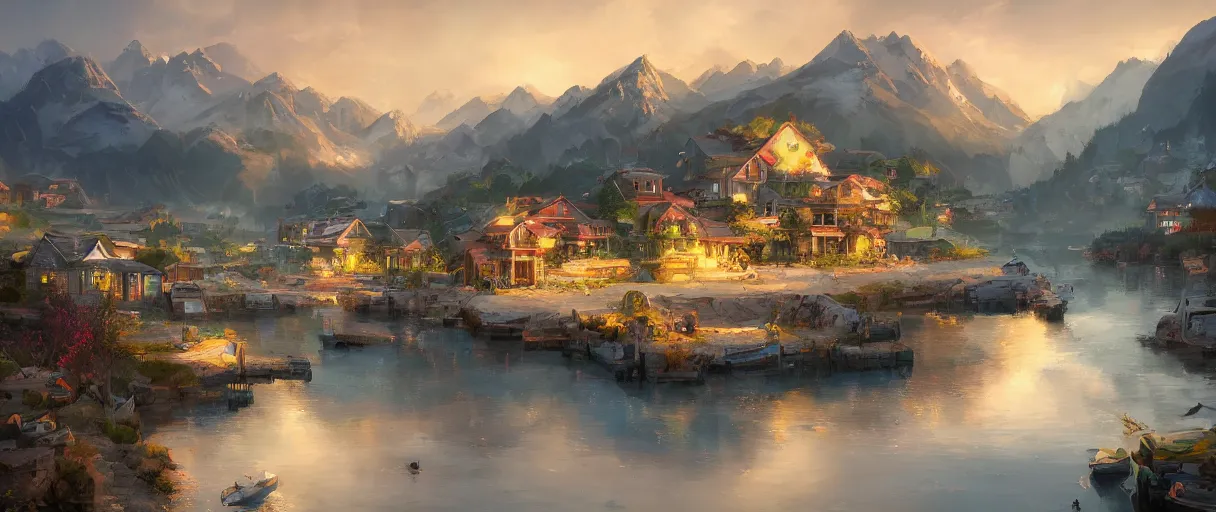 Image similar to fishing village crowded with houses around a lake, mountains in background, concept art, digital painting, style of jordan grimmer, warm lighting, futuristic, volumetric lighting, view from below, vivid colours, bright, daytime, godrays, high detail