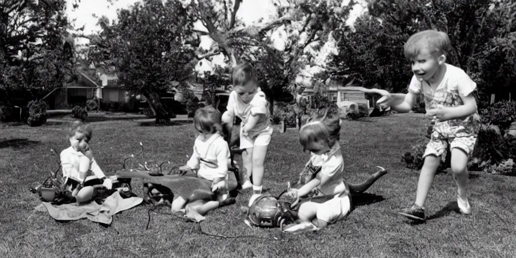 Image similar to kids playing with alien toy in their front yard, 1 9 5 0 s picture