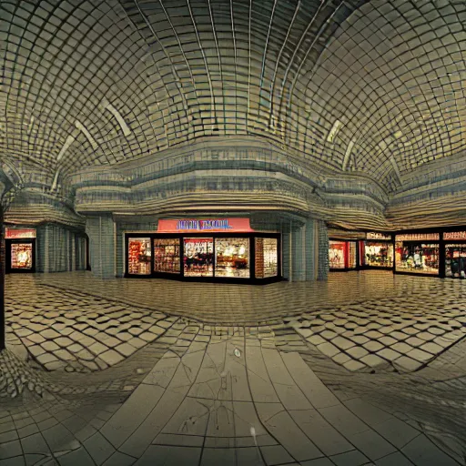 Image similar to hyperrealism computer simulation visualisation of parallel universe mall in surreal scene from art house movie from future by caravaggio rendered in mandelbulb 4 d and blender and octane render