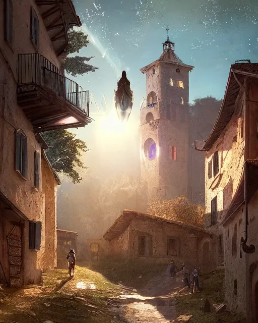 Prompt: ufo landing in italian medieval village, ultra realistic, lens flare, atmosphere, glow, detailed, intricate, full of colour, cinematic lighting, trending on artstation, 4 k, hyperrealistic, focused, extreme details, cinematic, masterpiece, by ismail inceoglu