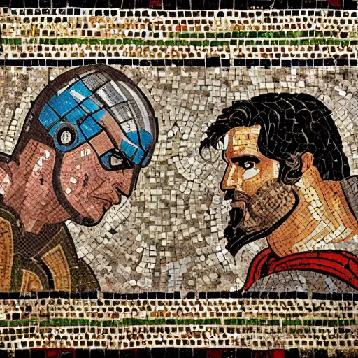 Image similar to beautiful roman mosaic of batman vs superman, rome, 1 0 0 ad