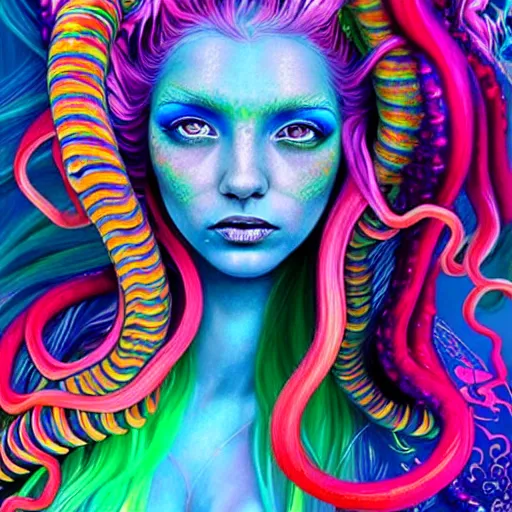 Prompt: A sea goddess with neon tentacles hair having an extremely colorful psychedelic experience, warping time and space, magic mushrooms, psilocybin, LSD, face, detailed, intricate, elegant, highly detailed, digital painting, artstation, concept art, smooth, sharp focus, illustration, art by Krenz Cushart and Artem Demura and alphonse mucha, Octane render, unreal engine, 8K