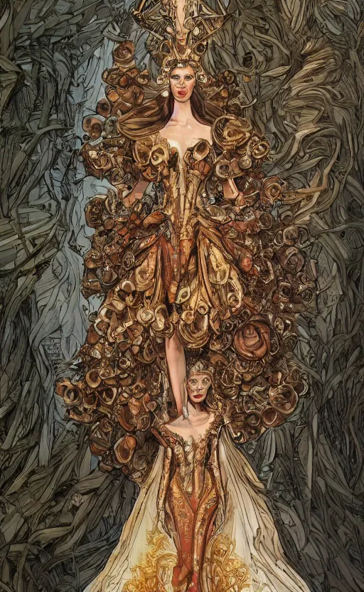 Image similar to fashion model walking down a catwalk, elaborate dress by alexander mcqueen, art by michael whelan and chris moore and howard david johnson and tim white and dan giancola