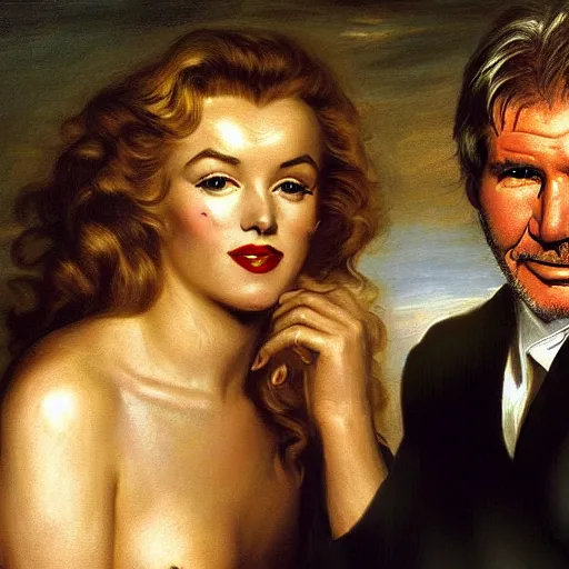 Prompt: a beautiful portrait of Harrison ford and his secretary Marilyn Monroe with long golden blond curly hair gazing warmly at the viewer, golden hour, cool tones, pale skin, by Peter Paul Rubens