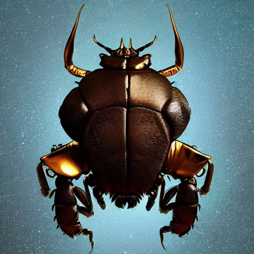 Prompt: Very high detailed rhinoceros beetle made of gold and metal standing on a carbon fiber background, big horn, robotic, nature, symmetrical, Greg Rutkowski, Charlie Bowater, Beeple, Unreal 5, hyperrealistic, dynamic lighting, fantasy art