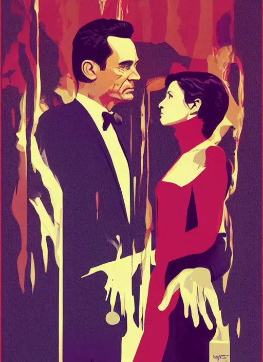 Prompt: poster artwork by Michael Whelan and Tomer Hanuka, Karol Bak of Naomi Watts & Jon Hamm husband & wife portrait, in the pose of The Graduate poster, from scene from Twin Peaks, clean, simple illustration, nostalgic, domestic, full of details