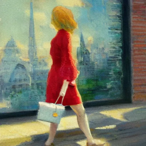 Prompt: a impressionist painting of a cute blonde girl walking on a sunny day, carrying a handbag with a cute pet mouse in it, the grey mouse is peeking out of the handbag. Trending on artstation, wide angle, ultra HD, stunning 8k resolution