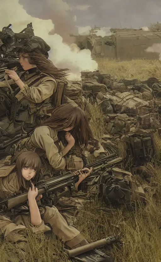 Prompt: manga, modern warfare, panoramic view of a girl under artillery fire, trench and sandbags in background, soldier clothing, long hair, hair down, symmetrical facial feature, from arknights, wallpaper, trending pixiv, safebooru, volumetric lighting, by alphonse mucha, greg rutkowski, sharp focus, backlit