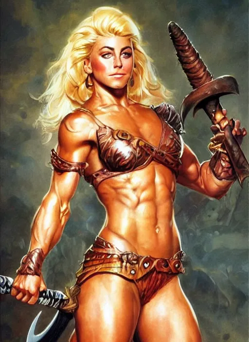 Image similar to a stunning medium shot portrait of julianne hough as a barbarian warrior, digital art by frank frazetta and boris vallejo and julie bell and moebius, highly detailed, trending on artstation, hq