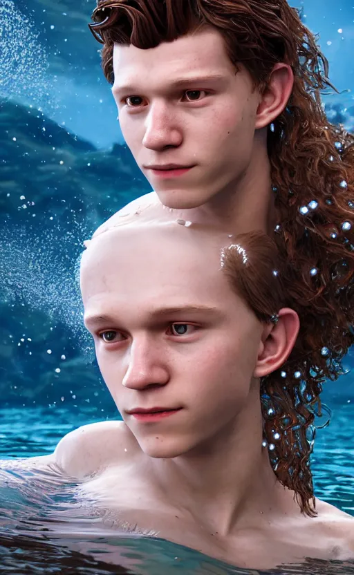 Prompt: tom holland as a charming mermaid work safe dreamlike with jewelry, character art, hyperdetailed, 8 k realistic, frostbite 3 engine, cryengine, dof, trending on artstation, digital art