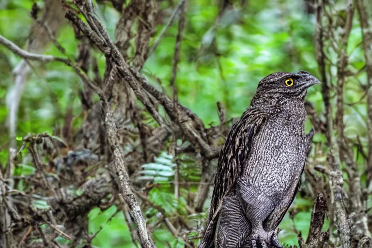 Image similar to ! human nightjar werecreature, photograph captured at woodland creek