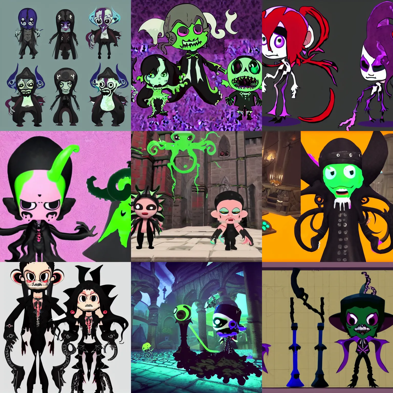 Prompt: a gothic vampire kraken npc designs for halloween splat fests in splatoon by nintendo with Jamie Hewlett and genndy tartakovsky as the lead designers