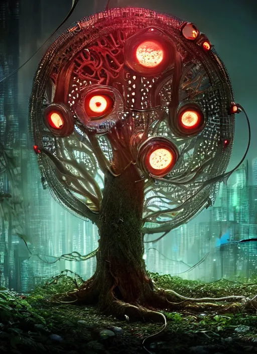 Image similar to intricate mechanical translucent apple with visible gears and components inside, growing off a tree, on the background of a weird magical mechanical forest. Very detailed 8k. Fantasy cyberpunk horror. Sharp. Cinematic post-processing