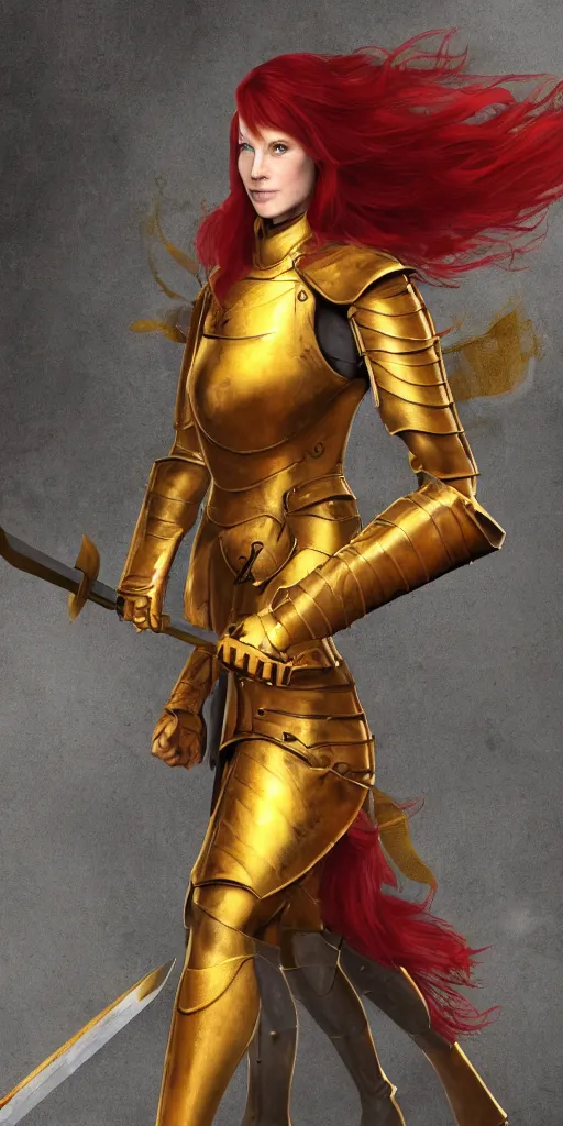 Image similar to a tall, red - haired female knight wearing golden armor and a right golden prosthetic arm, longer than her left arm. she wields a long golden blade