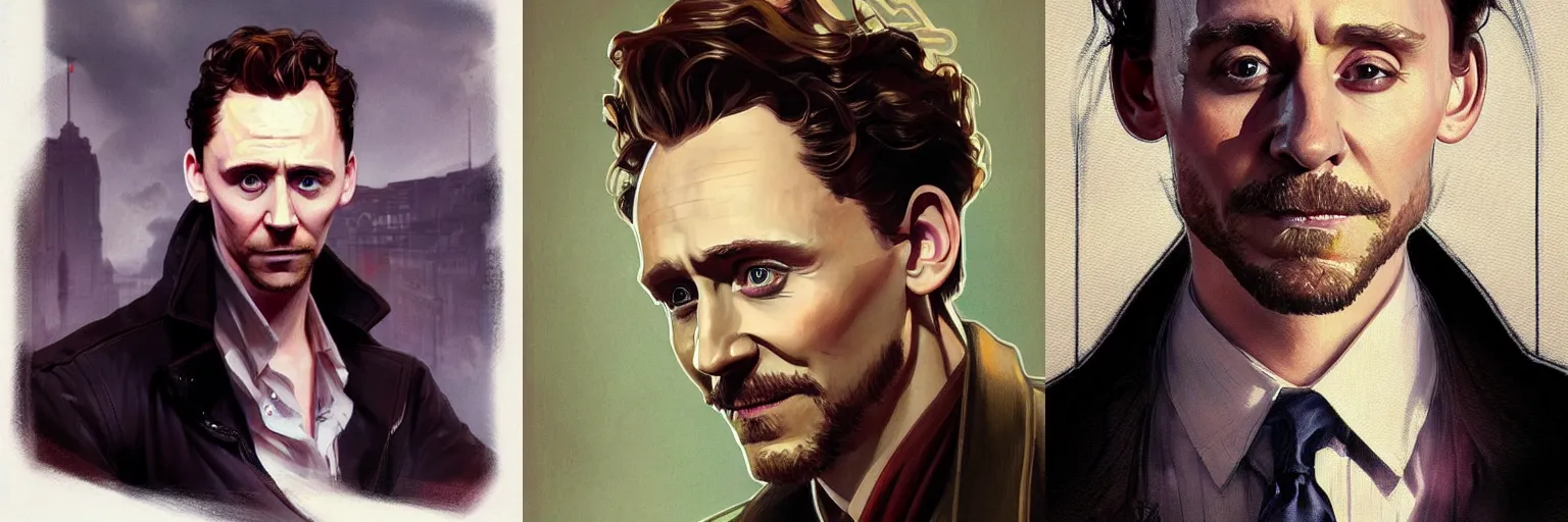 Prompt: portrait of Tom Hiddleston as a detective, highly detailed, digital painting, artstation, concept art, sharp focus, illustration, art by artgerm and greg rutkowski and alphonse mucha