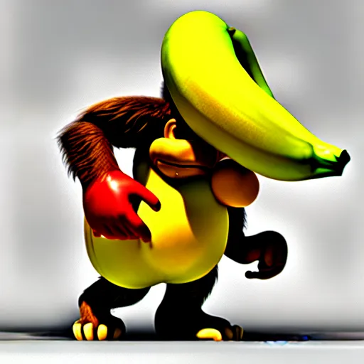 Prompt: Donkey Kong stepping on a banana, 3D render