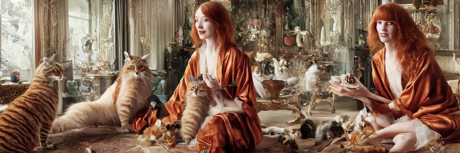 Image similar to a stunning hyper-detailed photorealistic painting of a solitary slender beautiful smiling woman with long ginger hair and bangs, wearing a luxurious silk robe, wearing headphones and posing with her large ginger tabby cat and her raccoon and parrots in an overstuffed easy chair in her sunlit victorian living room, holding a porcelain parrot-shaped coffee mug and a donut, perfect eyes, fashion photography, cinematic lighting, octane render, IBEX Masters, unreal engine, 85 mm lens,