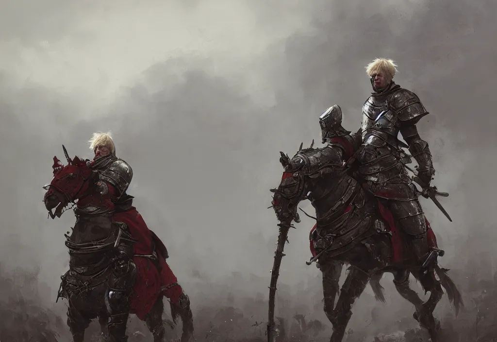 Image similar to boris johnson as a medieval knight, artstation, jakub rozalski, high detail, dramatic lighting