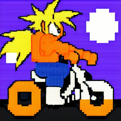 Prompt: pixel art of goku riding a bike
