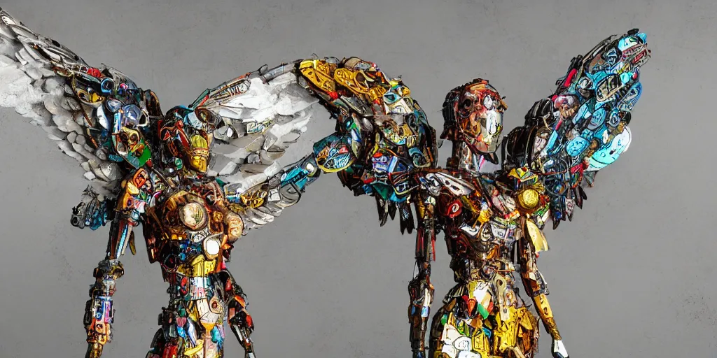 Prompt: depiction of an angel made out of scrap metal car parts, wings made of old cell phones and all turned on with vibrant colors, wide angle shot, highly detailed, octane render