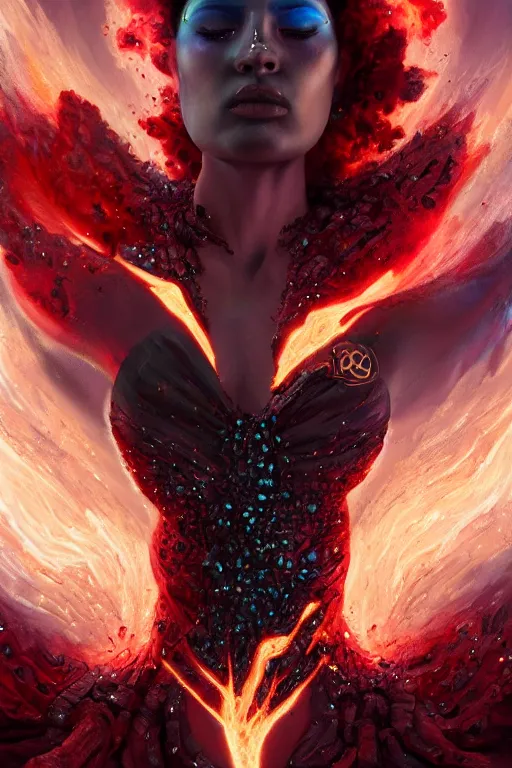 Prompt: torso closeup model wearing exploding lava dress, sorcerer, diamonds, angel, fantasy, dramatic lighting, highly detailed, digital painting, holding electricity, magic the gathering, hyper detailed, 3 d render, hyper realistic detailed portrait, peter mohrbacher, wlop, ruan jia