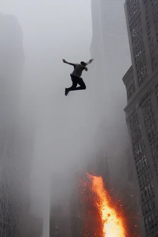 Prompt: a man jumping from a building in New York, dust explosion fog