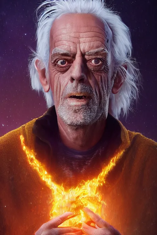 Prompt: Christopher Lloyd, Emmett Brown, half-body portrait, magical, forest, evening, yellow mist, Back to the Future, symmetrical face, large eyes, hyper realistic, digital art, octane render, trending on artstation, artstationHD, artstationHQ, unreal engine, 4k, 8k