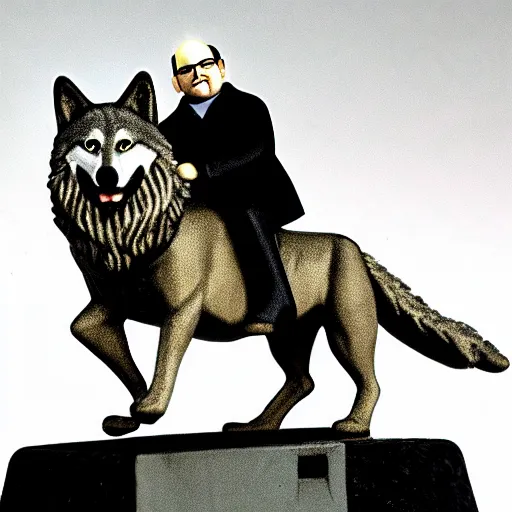 Image similar to George Costanza (from Seinfeld) riding a wolf