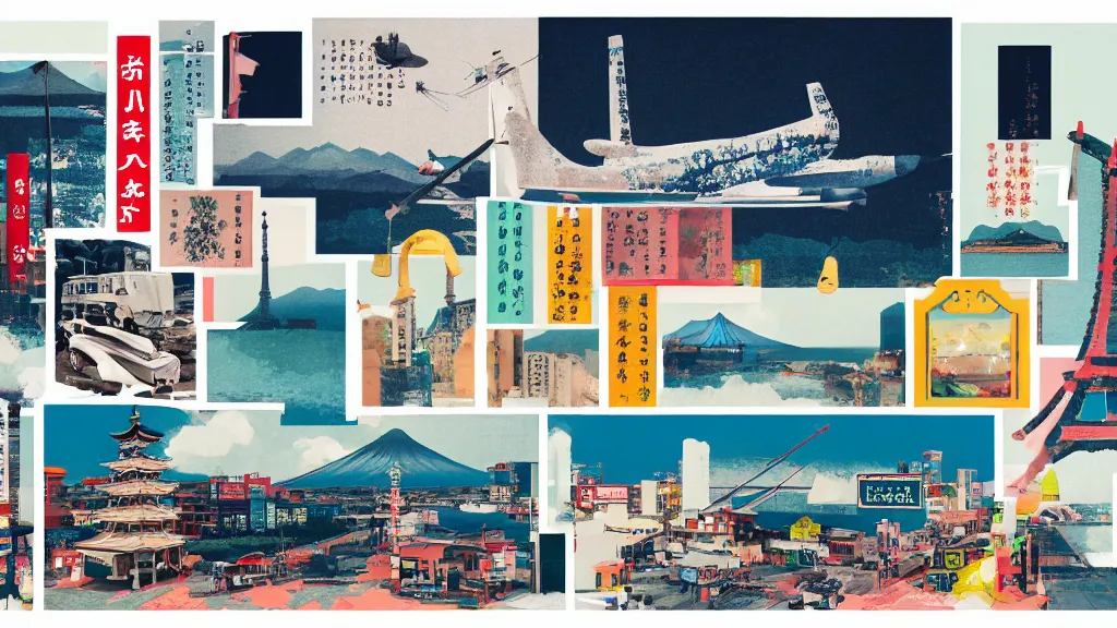 Prompt: an arrangement of sightseeing traveller props, japan, a collage painting, in the style of wes anderson, lola dupre, david hockney, isolated on negative white space background dark monochrome neon spraypaint accents volumetric octane render