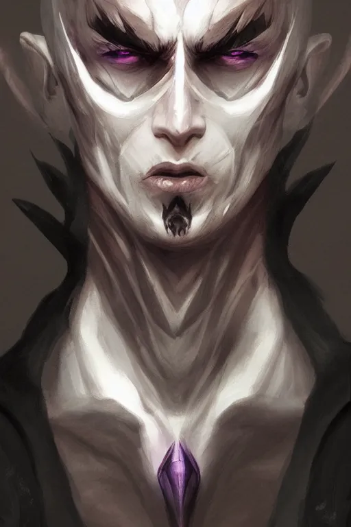 Prompt: male man demon hybrid, warlock, portrait, concept art, purple cloak, single face, illustration, costume design, white spiral horns, editorial photo, fashion, hyperrealism, realism, trending on artstation, Charlie Bowater, WLOP