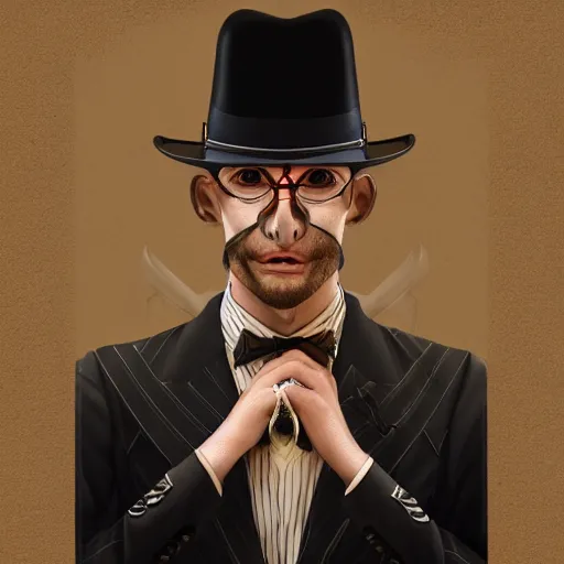 Prompt: a upper body portrait of a deer lord in a pinstriped suit and pants wearing a monocle and a fedora by artgerm and wlop, intricate detail, digital art, photorealistic, trending on artstation