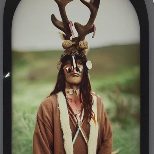 Prompt: color polaroid photograph of a neolithic shaman wearing a deer antler headdress