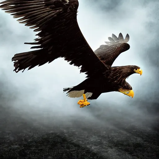 Image similar to A extremely realistic photo of a eagle with night vision goggles on its eyes, standing bird, sharp claws, cloudy, midnight, smoke, ultra high detail digital art, trending on Artstation, unreal engine