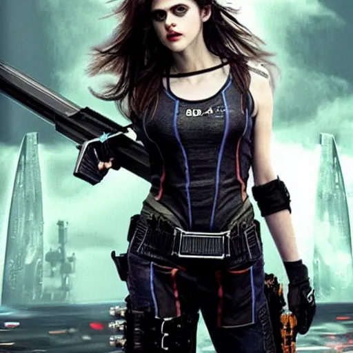 Prompt: photo of alexandra daddario as a cyberpunk warrior with weapons