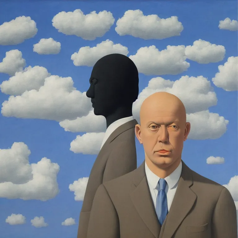 Image similar to portrait of a faceless shadow - head man in a suit, clouds in the background, by rene magritte, detailed painting, distance, middle centered, hd, hq, high resolution, high detail, 4 k, 8 k