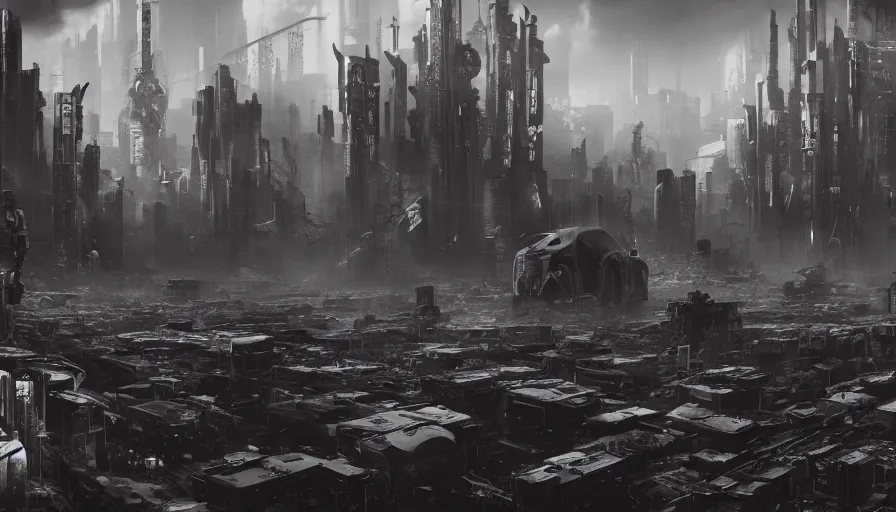 Prompt: cyberpunk wasteland vast area with thousands skulls of humans and robots and broken war machine mechs, trending on artstation hq, deviantart, unreal engine 5, 4 k uhd image, full 3 d, hyperrealistic dmt style, only high contrast colour of black and white, movie poster style, move still
