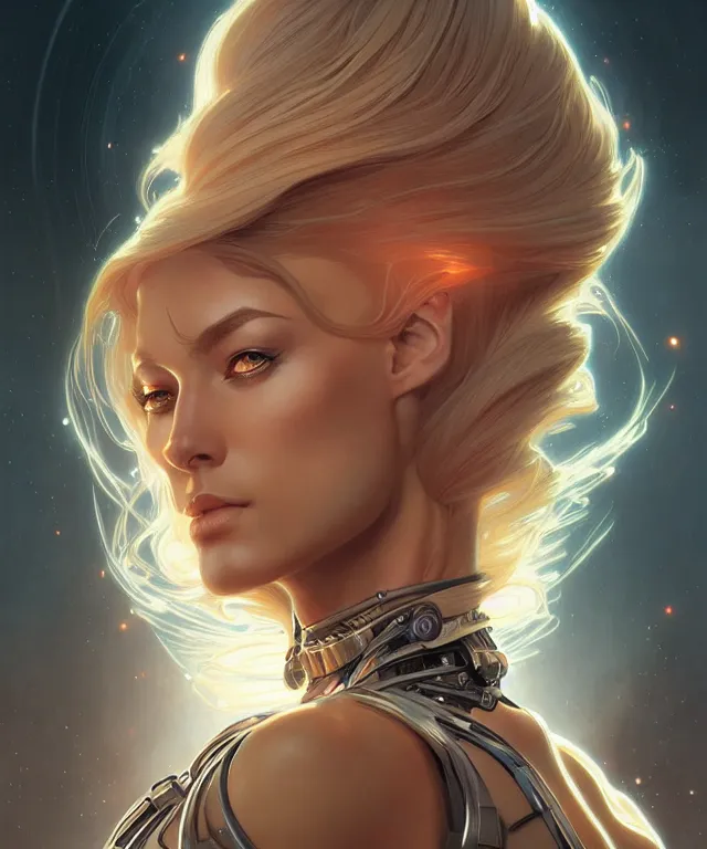 Image similar to futuristic woman portrait, sci-fi, amber eyes, face, long hair, fantasy, intricate, elegant, highly detailed, digital painting, artstation, concept art, smooth, sharp focus, illustration, art by artgerm and greg rutkowski and alphonse mucha