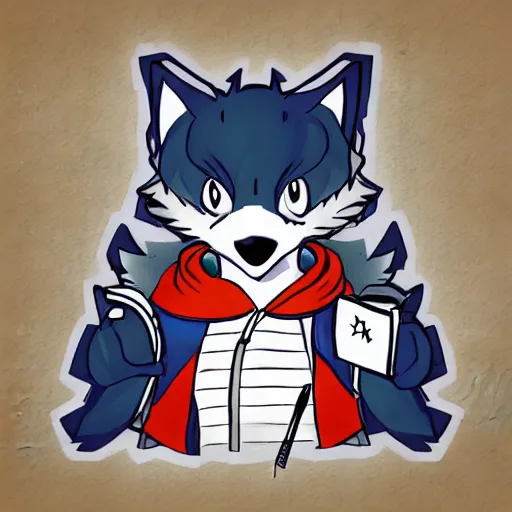 Image similar to anime style colored pencil sketch of an anthropomorphic wolf fursona furry male character wearing a hoodie, notebook drawing, realisitc photo