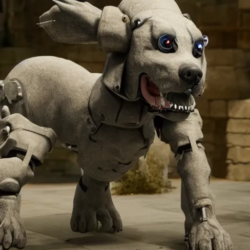 Image similar to hybrid of a cyborg dog and a stone golem, ultra detailed, 8 k, professional lighting, unreal engine.