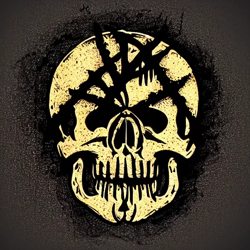 Image similar to death metal themed skull shaped microphone vector logo for a record label, dark, horrorcore, grunge, dark forest, ent, symmetrical golden ratio