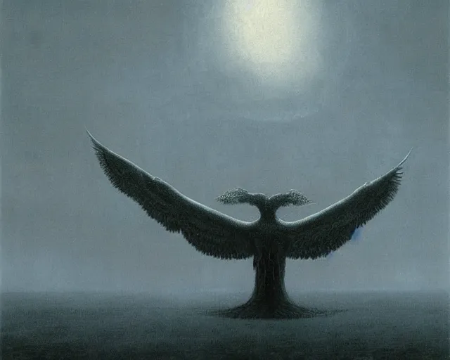 Prompt: giant terrifying birds god above a sky, scary, foreboding, mysterious minimalistic, by beksinski