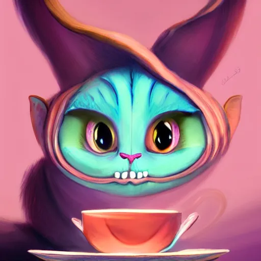 Image similar to cheshire cat drinking tea, by cory loftis, character art, art, very coherent, plain background, lighthearted, soft painting