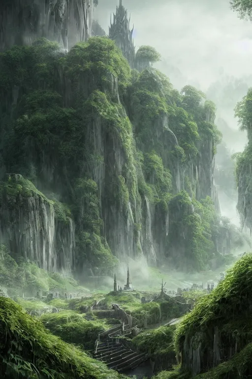 Prompt: An elven city at the base of a lush green valley with white monoliths surrounded by a moat by Greg Rutkowski, Sung Choi, Mitchell Mohrhauser, Maciej Kuciara, Johnson Ting, Maxim Verehin, Peter Konig, 8k photorealistic, cinematic lighting, HD, high details, dramatic, trending on artstation, full body shot