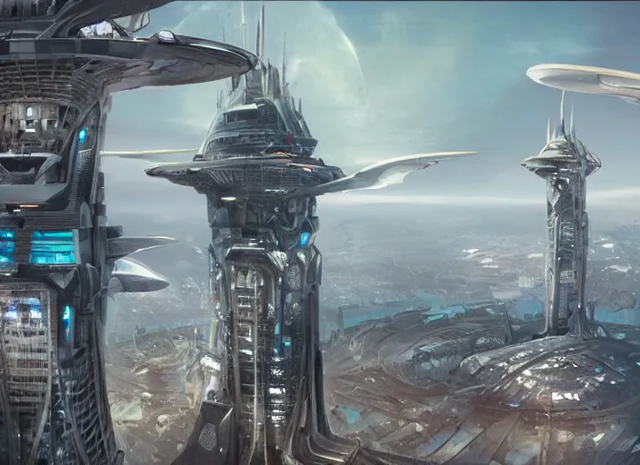 Prompt: 2 strange looking structures in the sky tower above futuristic space port, a detailed matte painting by Fabio Montorzi, cgsociety, afrofuturism, matte painting, concept art, sci-fi