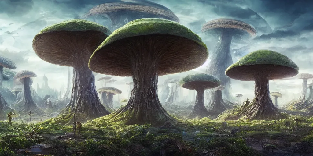 Image similar to an alien landscape with alien trees, giant mushrooms, plants. Alien animals are walking around. In the background you can see a futuristic city. Happy, uplifting. Detailed digital matte painting