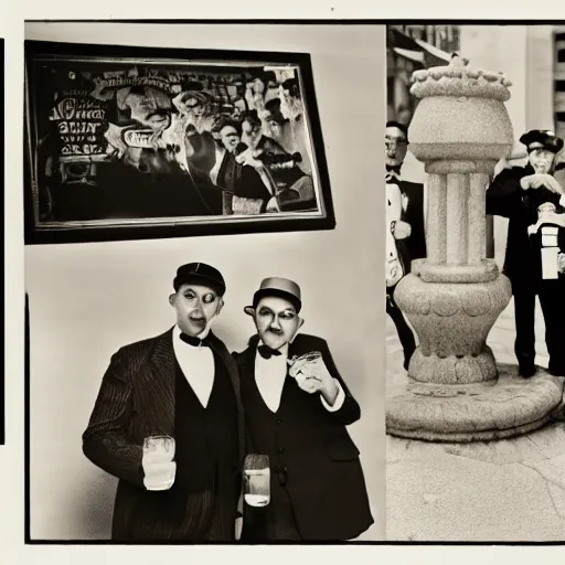 Image similar to 2 mobster bert and ernie, 1 9 2 0 s gansters, party and champagne fountain in the background, sesame street in the 1 9 2 0's, 3 5 mm film, black and white photography, artwork by nan goldin