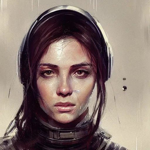 Image similar to Portrait of a woman by Greg Rutkowski, she is about 20 years old, round face, mixture turkish and russian, dark blonde hair with two strands around her face, attractive, sad and melancholy gaze, she is wearing a futuristic tactical space suit, highly detailed portrait, scifi, digital painting, artstation, concept art, smooth, sharp foccus ilustration, Artstation HQ.